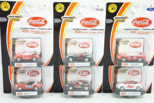 6 Matchbox Superfast Coca-Cola 50th Anniv.: all carded models includes : 97365 black 1994 Dodge Viper RT/10, 97369 red 1999 Ford Mustang Convertible, 97367 white 1999 Audi TT Roadster, 97368 black 1998 MGF 1.8i, 97364 red 1995 Volkswagen Concep