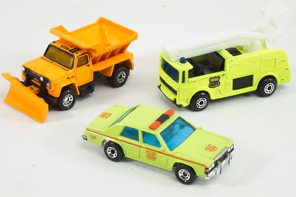 3 Matchbox Superfast Prepro Fire Chief Truck: (3) paint master models : 16-E florescent yellow-green Ford LTD Fire Chief Car w/hand made red light bar & white interior, 45-E orange Highway Maintenance Truck w/black trim, & 63-E florescent yellow-