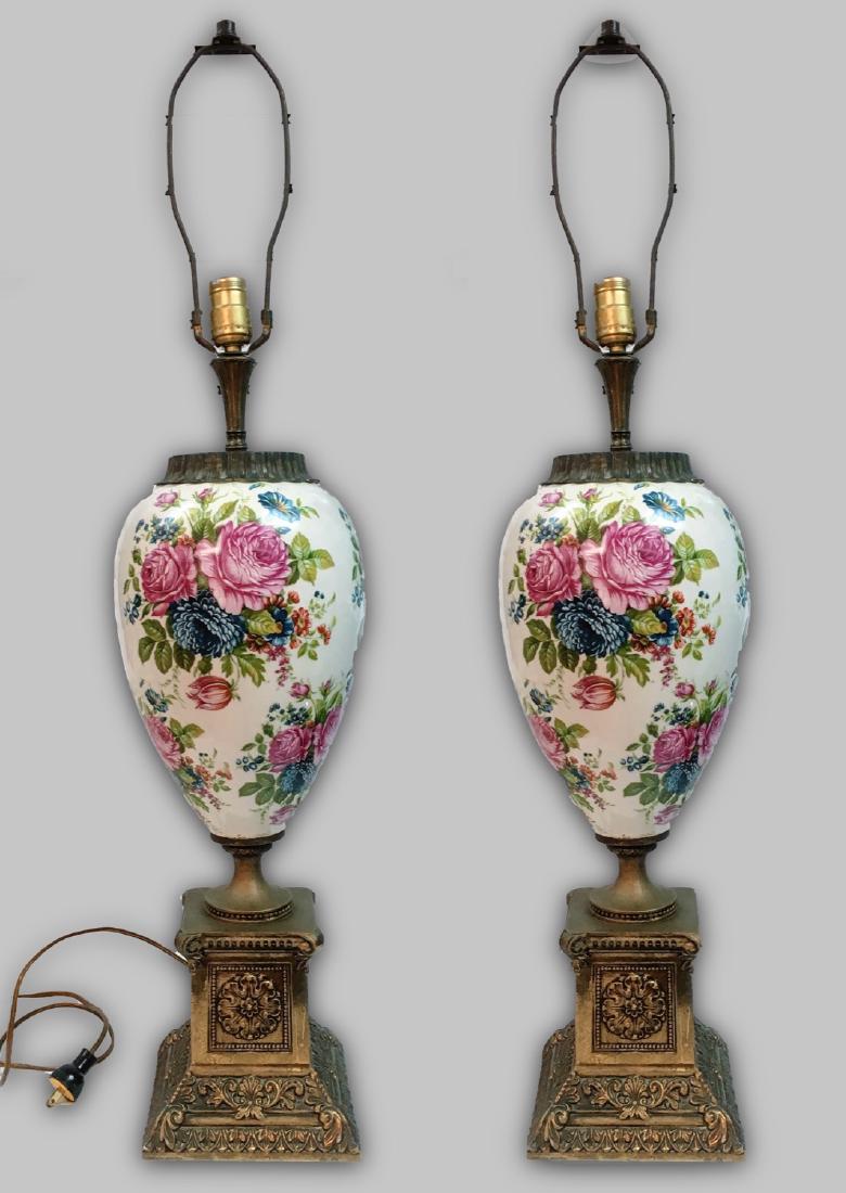 Vintage Set of 2 Handpainted Porcelain and bronze Table (1 of 3)