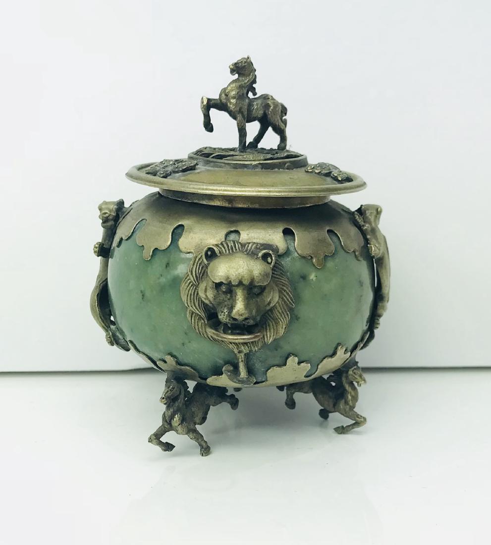 Exquisite Chinese Vintage Handwork Tibetan Silver horse: Exquisite Chinese Vintage Handwork Tibetan Silver horse Inlaid with Artificial Jade Incense Burner, Measures:3x3x3.1/2"