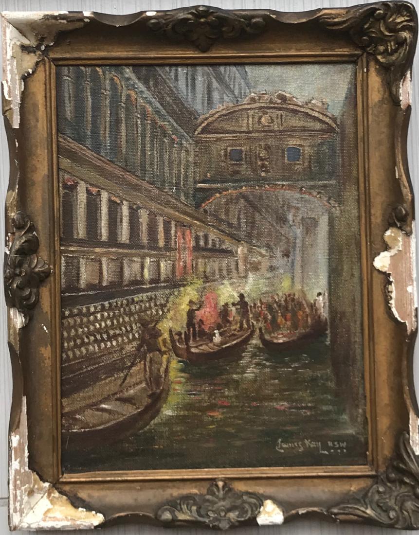 James Kay R.S.W. Oil on canvas on board: James Kay R.S.W. Oil on canvas on board. Measures 7"x9", damage frame needs repair