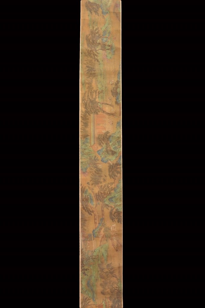 WANG WEI (王维 699-761): Ink and color on silk signed Wang Wei with one artist's seal. Period: Size: 77 1/2 in. (196.8 cm) long, 9 7/8 in. (25.1 cm) wide.
