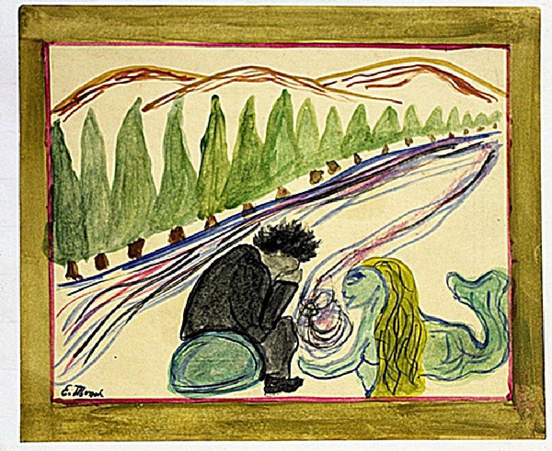 Edvard Munch - Melancholy: Oil on paper in the manner of Edvard Munch "Melancholy" bears the signature. Unframed dimensions approx 12x10