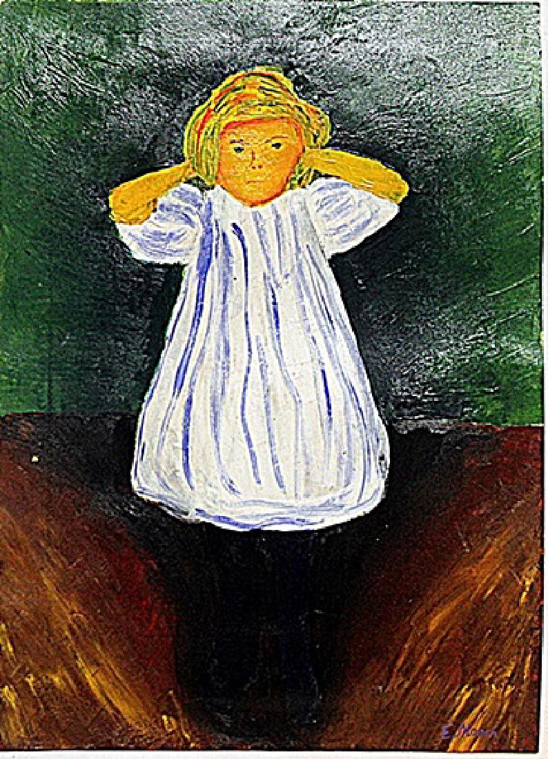 Edvard Munch - The Child: Oil on paper in the manner of Edvard Munch "The Child" bears the signature. Unframed dimensions approx 12x10