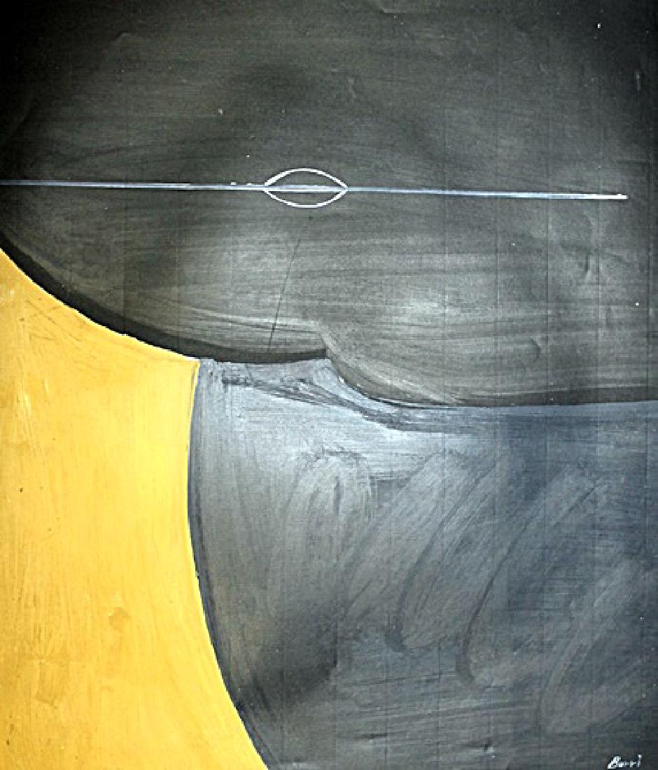 Untitled Oil On Paper - Alberto Burri: Oil on paper, attributed to Alberto Burri, approx. 16x13 in. Alberto Burri was an Italian painter and sculptor.