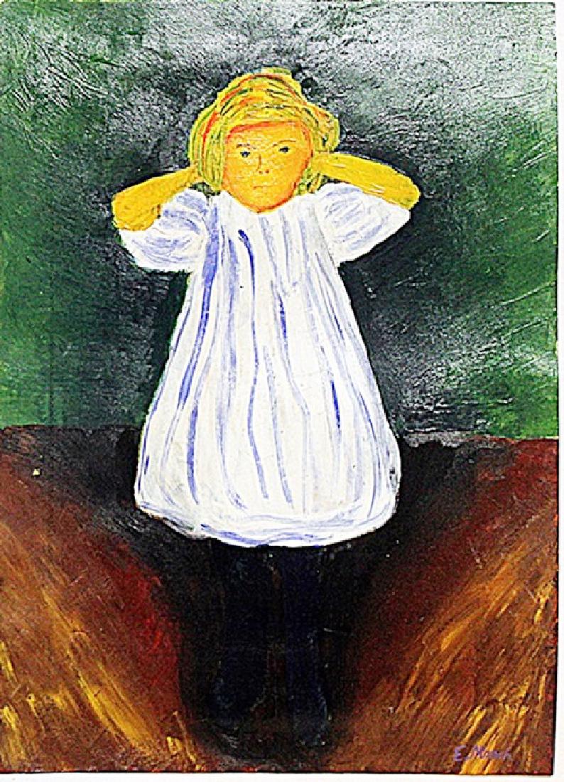 Edvard Munch - The Child: Oil on paper in the manner of Edvard Munch "The Child" bears the signature. Unframed dimensions approx 12x10