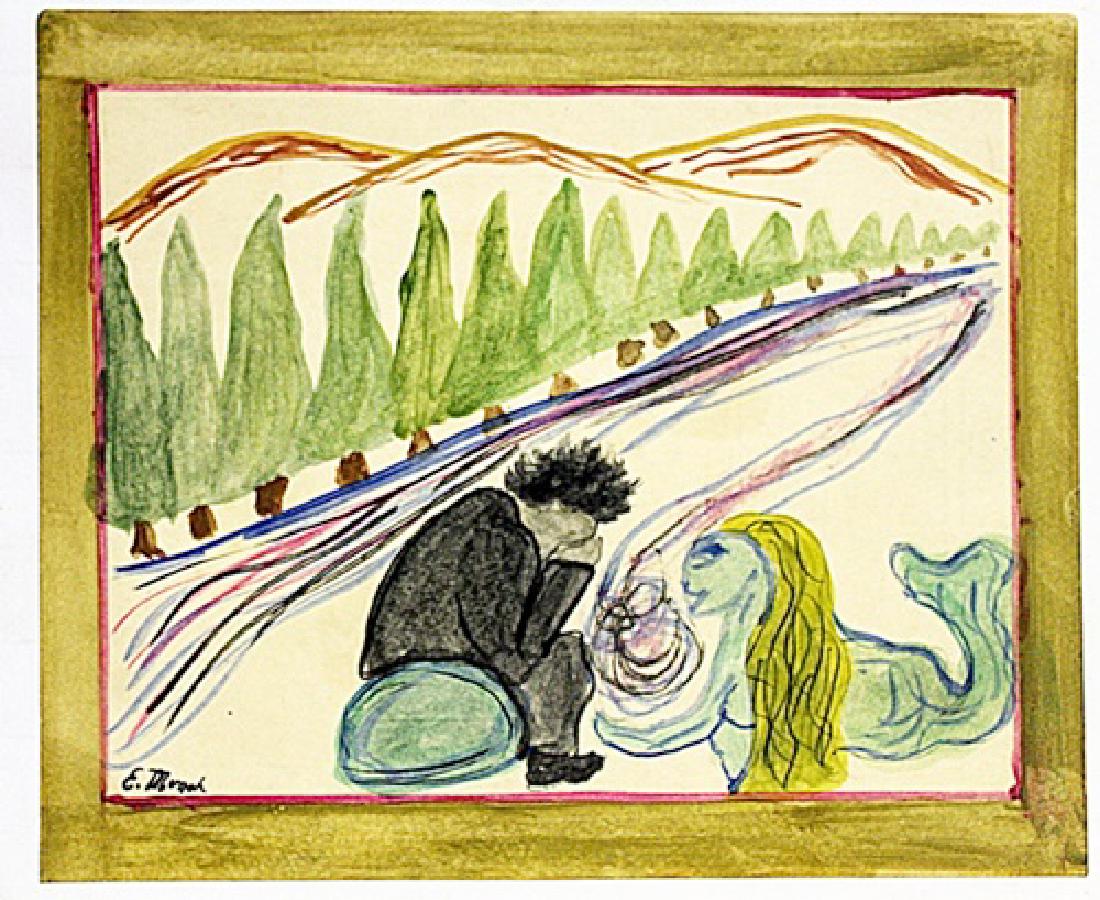 Edvard Munch - Melancholy: Oil on paper in the manner of Edvard Munch "Melancholy" bears the signature. Unframed dimensions approx 12x10