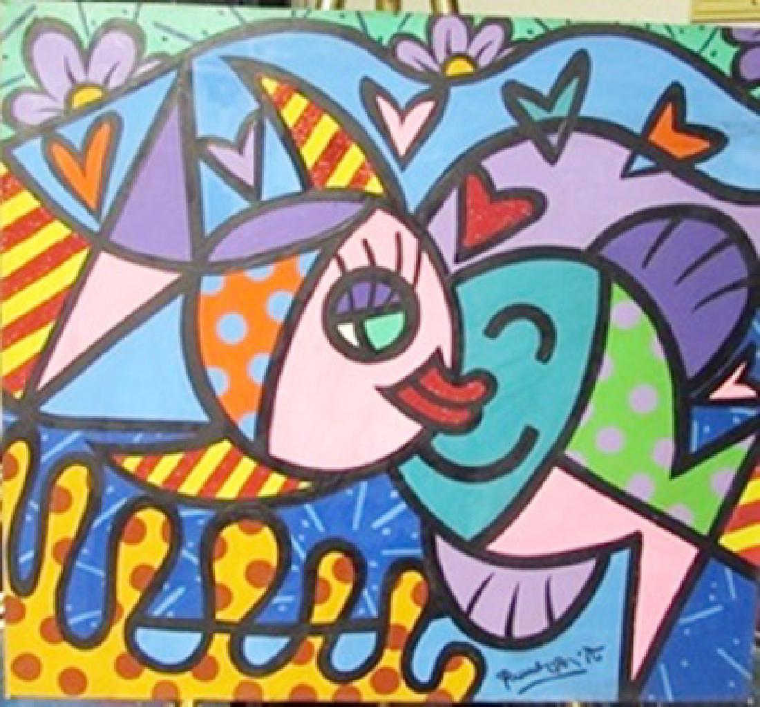 Oil on Canvas Romero Britto: Oil on canvas bears the signature, in the manner of Romero Britto, unframed dimensions approx 19x16.