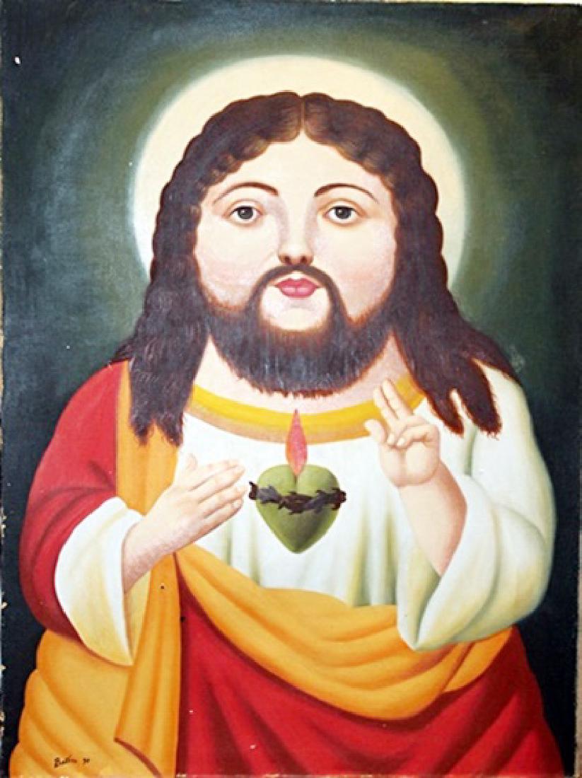 Jesucristo - Fernando Botero - Oil on Canvas: Oil on canvas, attributed to Fernando Botero, approx. 31x23 in. Fernando Botero Angulo is a Colombian figurative artist and sculptor. Born in Medellín, his signature style, also known as "Boterismo",