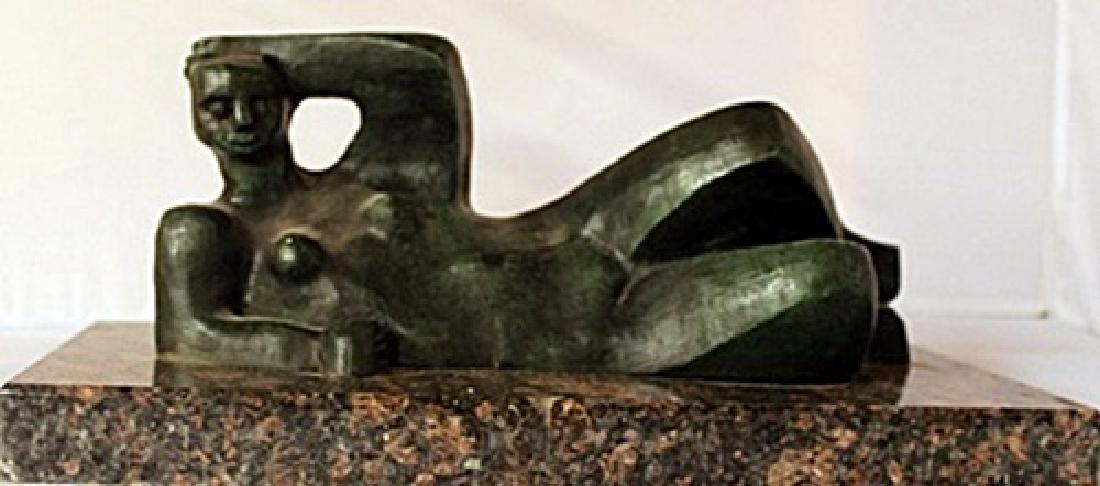 Resting Man - Patina Bronze Sculpt. - Henry Moore: Patina Bronze Sculpture, Signed after the artist, comes with a Marble Base, Size Approx. 6" x 6" x 14" in.