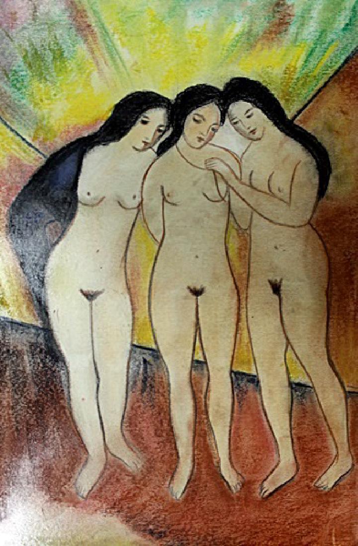 Three Womans - August Macke - Pastel On Paper: Pastel on paper, attributed to August Macke, approx. 20x14 in. August Macke was one of the leading members of the German Expressionist group Der Blaue Reiter (The Blue Rider). He lived during a partic