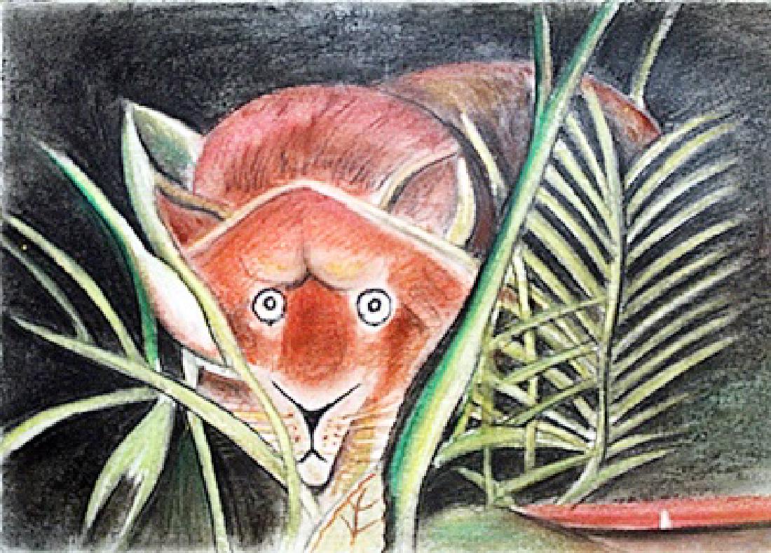 Henri Rousseau - The Lion: Pastel on paper in the manner of Henri Rousseau "The Lion". Unframed dimensions approx 20x14.