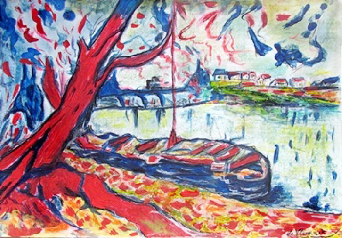 The River Siene At Chatou - Maurice De Vlaminck -: Pastel on paper in the manner of Maurice De Vlaminck, approx. 20x14 in. Maurice de Vlaminck was a French painter. Along with André Derain and Henri Matisse he is considered one of the principal figur