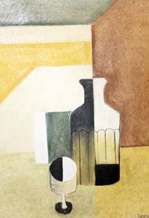 Bottle With Cup - Amedee Ozenfant - Pastel on paper: Pastel on paper, attributed to Amedee Ozenfant, approx. 17x13 in. Amédée Ozenfant was a French cubist painter and writer. Together with Charles-Edouard Jeanneret he founded the Purist movement.