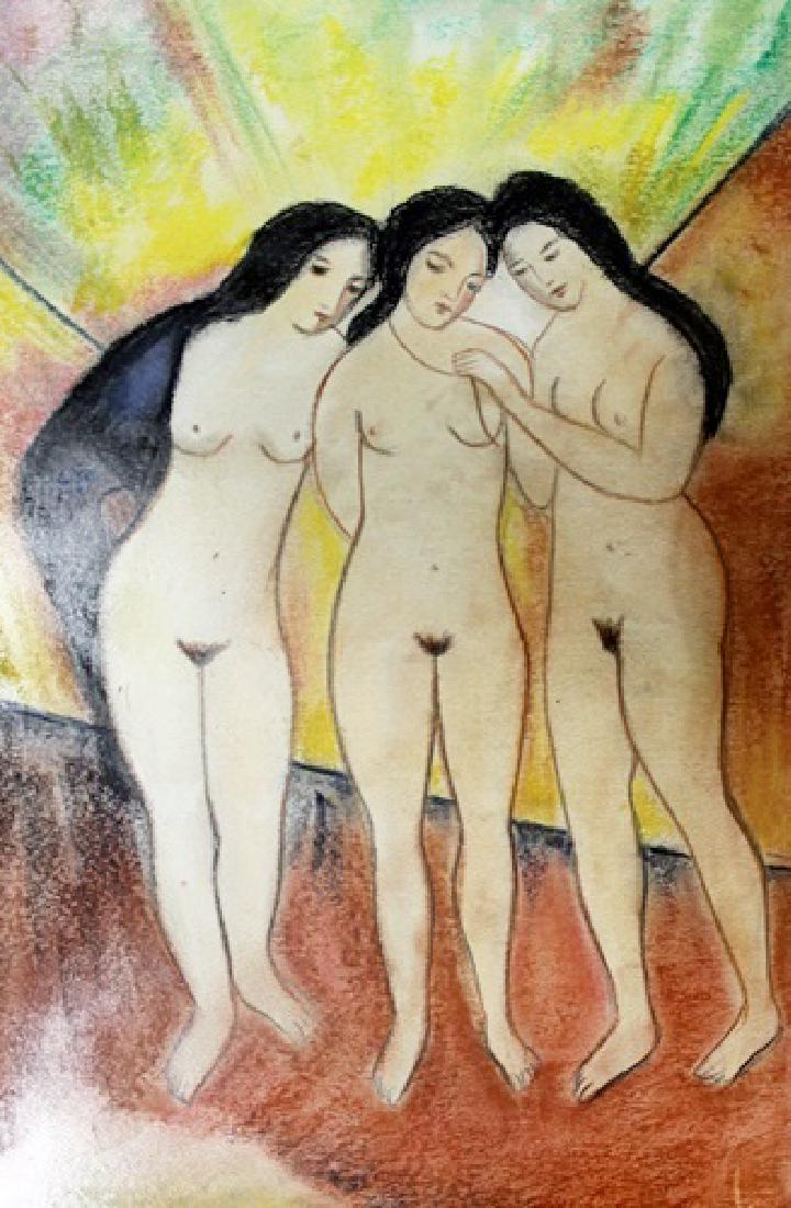 Three Womans - August Macke - Pastel On Paper: Pastel on paper, attributed to August Macke, approx. 20x14 in. August Macke was one of the leading members of the German Expressionist group Der Blaue Reiter (The Blue Rider). He lived during a partic