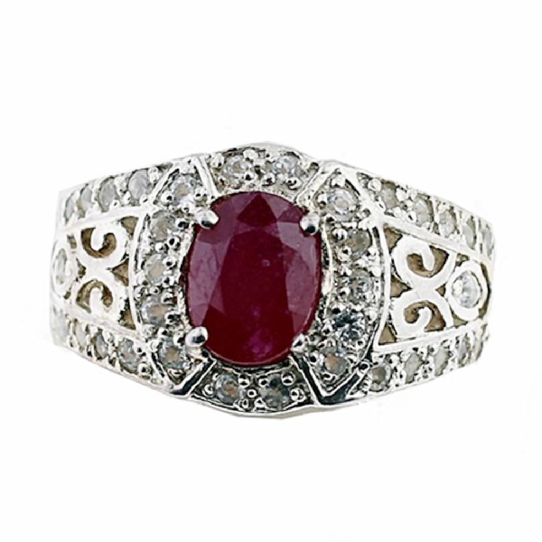 SILVER RING WITH RUBY AND WHITE TOPAZ