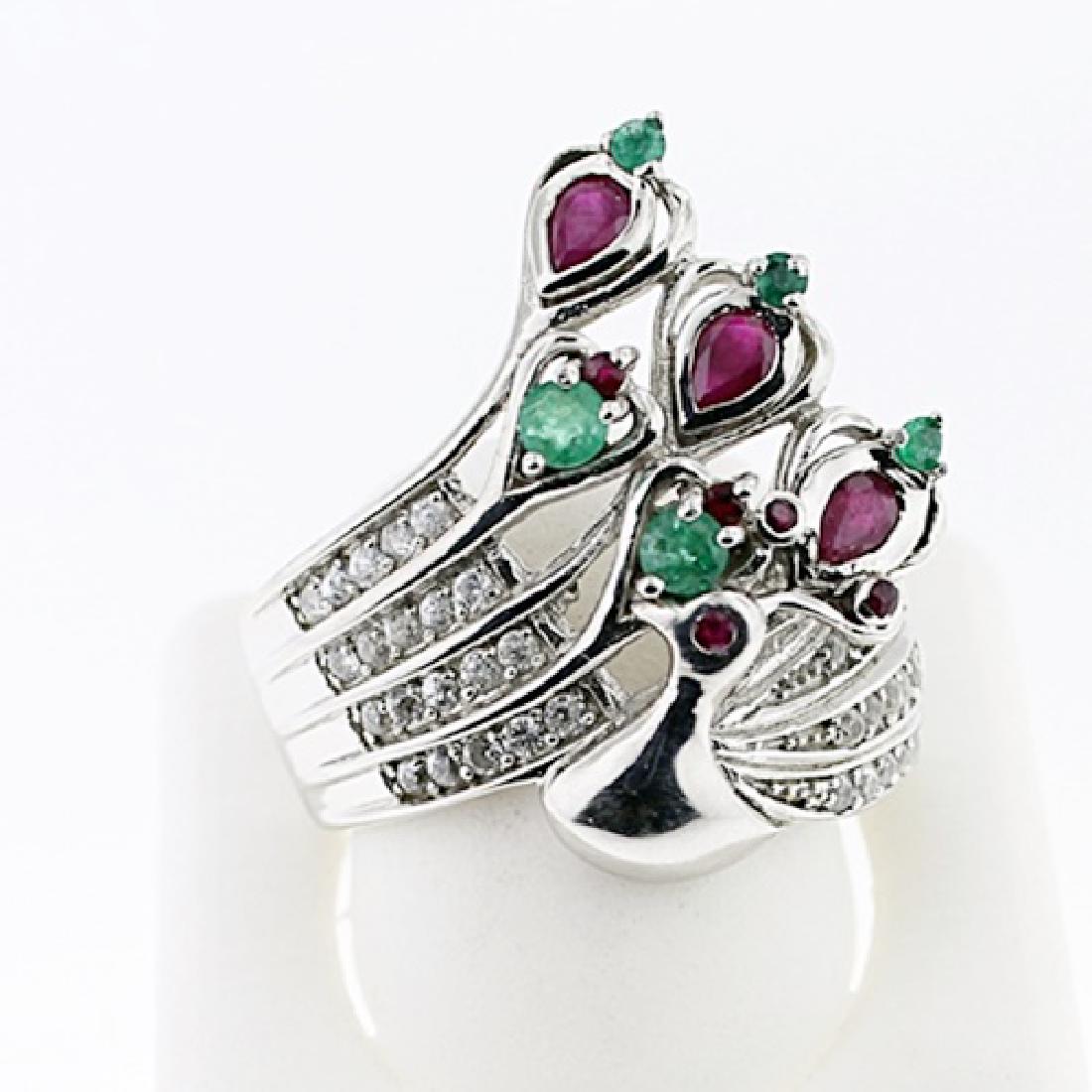 SILVER RING WITH EMERALD , RUBY AND WHITE TOPAZ