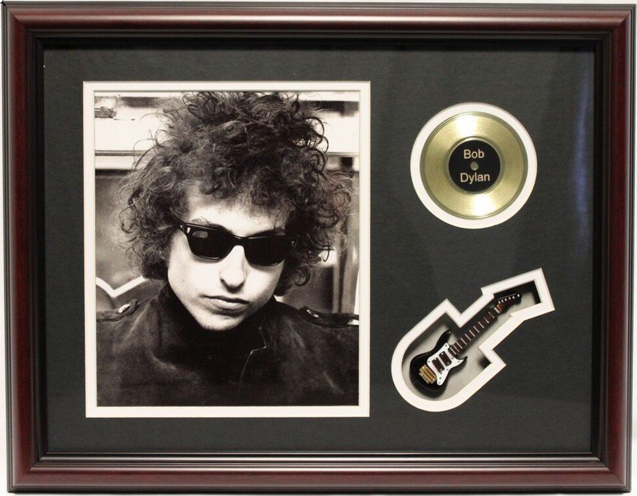 Memorabilia - Bob Dylan: Custom Framed, Matted. Includes: Photograph, Gold Record, and Mini Guitar.