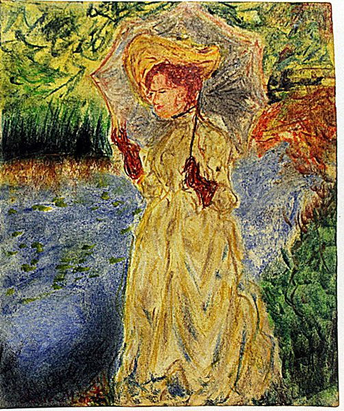 Claude Monet - Woman with Yellowhat: Pastel on paper after Claude Monet "Woman with Yellowhat" bears the signature. Unframed dimensions approx 12x10