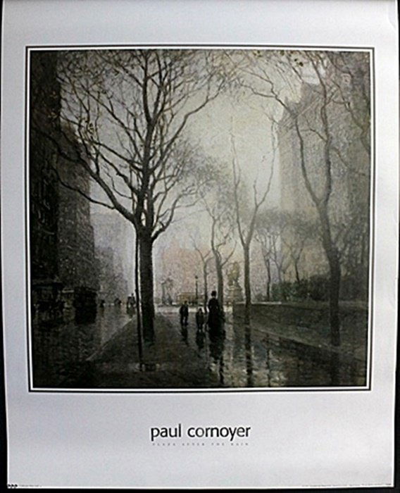 Fine Art Print "Plaza after the rain" by Paul Cornyer: Authentic Fine Art Print "Plaza after the rain" by Paul Cornyer, Size Approx. 28 x 22 In.