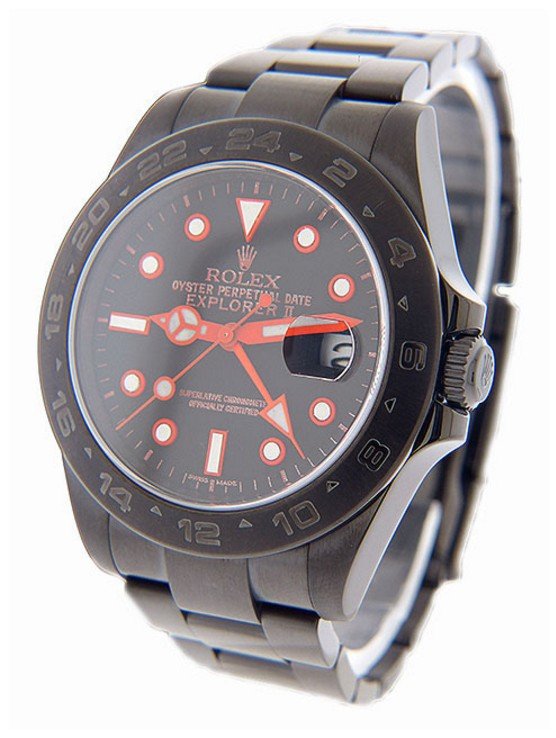 Men's Custom Explorer II PVD/DLC Rolex: Product Specifications Manufacturer Rolex Model Name Explorer II Model Number 216570 Gender Men's Condition Unused Case Stainless Steel, Custom Black Coated PVD/DLC, 42mm width Movement Automatic Dial