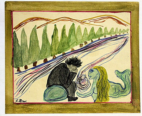 Edvard Munch - Melancholy: Oil on paper in the manner of Edvard Munch "Melancholy" bears the signature. Unframed dimensions approx 12x10