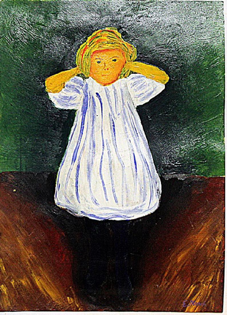 Edvard Munch - The Child: Oil on paper in the manner of Edvard Munch "The Child" bears the signature. Unframed dimensions approx 12x10