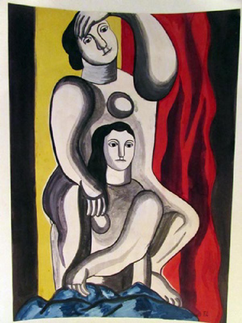 Fernand Leger - The Lovers Watercolor: Watercolor on paper in the manner of Fernand Leger - The Lovers, bearing the signature, private collection, unframed dimensions approx 8x12.