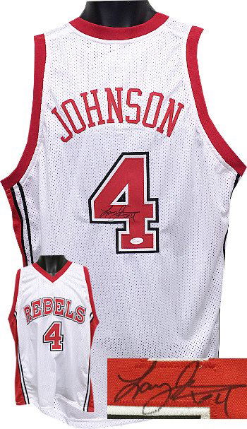 Larry Johnson Signed UNLV Runnin' Rebels TB White: Larry Johnson played at the University of Nevada, Las Vegas to play under head coach Jerry Tarkanian. Alongside future NBA players Stacey Augmon and Greg Anthony, Johnson faced Duke Blue Devils in the