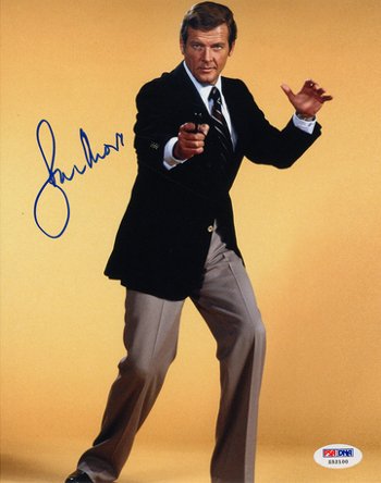 Roger Moore Signed James Bond 8X10 Photo (Yellow: Sir Roger Moore is most notable role is that of the British secret agent James Bond, whom he portrayed in seven feature films between 1973 and 1985; he remains the oldest actor to have played the char