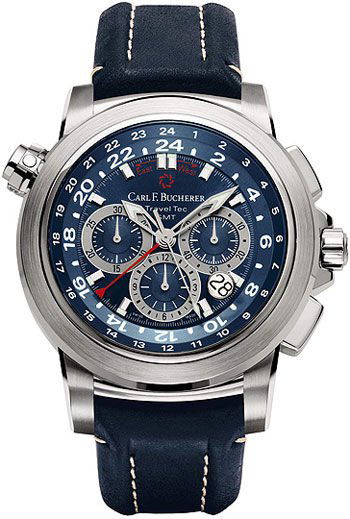Carl F. Bucherer Patravi Traveltec Men Watch: Model: 00.10620.08.53.01 - CASE = [Material:Stainless Steel], [Case Diameter:46.6], [Case Thickness:16mm], [Bezel:Fixed], [Case Back:See-thru Sapphire Crystal], [Water Resistant:50 Meters/165 Feet], [