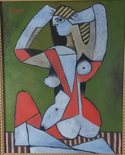 Pablo Picasso (1881-1973) (coa) (Attrib)oil on canvas,: Pablo Picasso (1881-1973) (coa) (attrib)oil on canvas, size:20"h x 16"w, Frame :26"h x 22"w , Shipping in US $199