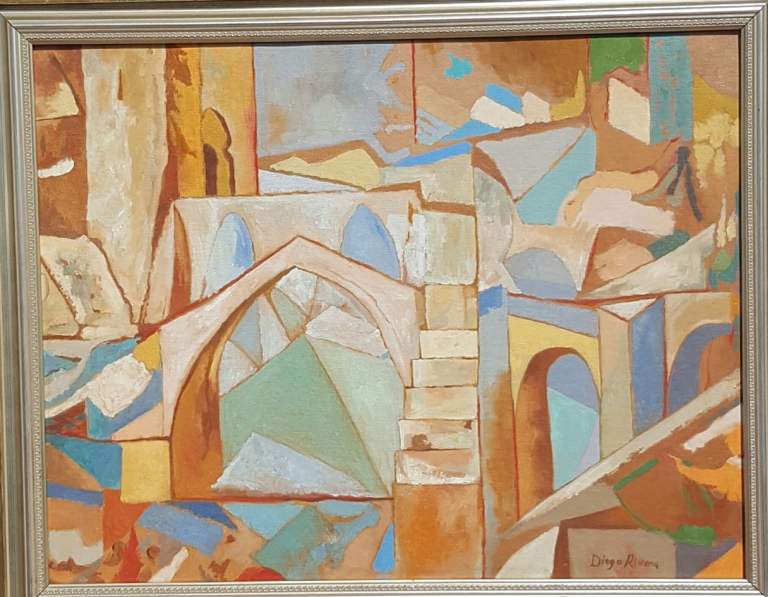 Diego Rivera (1886-1957)(attrib)(coa)-mexican painter,: Diego Rivera (1886-1957(attrib)(coa))mexican painter, oil on canvas , Paisaje Cubista , size :18"h x 23"w, frame 18.5"h x 23"w shipping in US $149