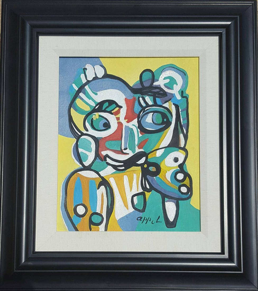 Karel Appel (1921-2006)-(attrib) (coa)-Oil on: Karel Appel (1921-2006)-(attrib) (coa)-Oil on canvas-Size: 12.75"h X 10.75"w-With Frame: 21"h X 19"w Shipping within U.S is $99