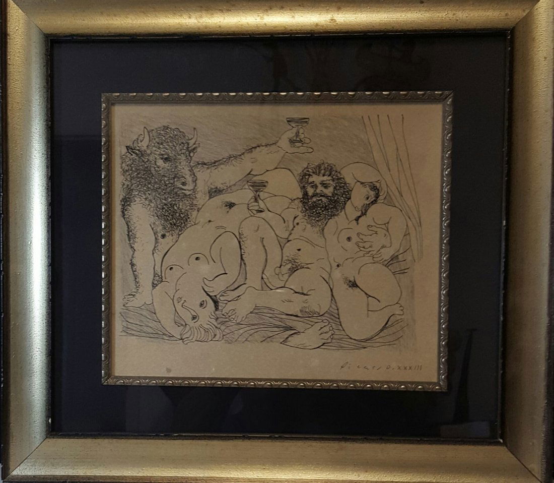 Pablo Picasso (1881-1973)-Ink on Paper-ATTRIB.: Pablo Picasso (1881-1973)-Ink on Paper-ATTRIB. COA-Size: 11"h X 13"w-With frame: 8.5"h X 20.5"w shipping in US $90