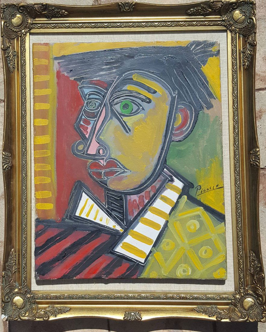 Pablo Picasso (1881-1973) (Attrib)oil on canvas,: In the manner of Pablo Picasso (1881-1973)-Oil on Canvas-Size: 16"h X 13"w-Signed on the top left shoulder-Shipping in the US $99