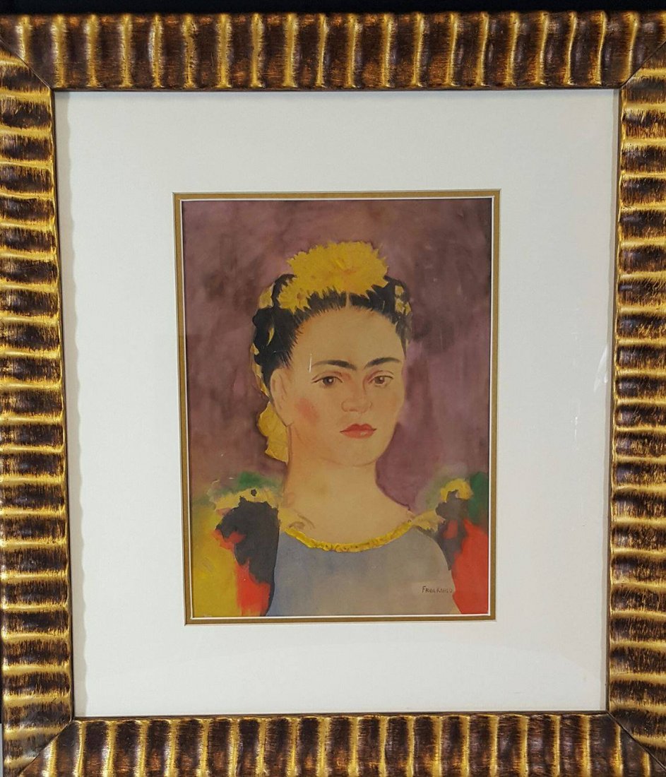 Frida Kahlo (1907-1954)-watercolor on paper-ATTRIB.: Frida Kahlo (1907-1954)-watercolor on paper-ATTRIB. COA-Size: 12"h X 9"w-With Frame:20.5"h X 17.5"w shipping in US $99