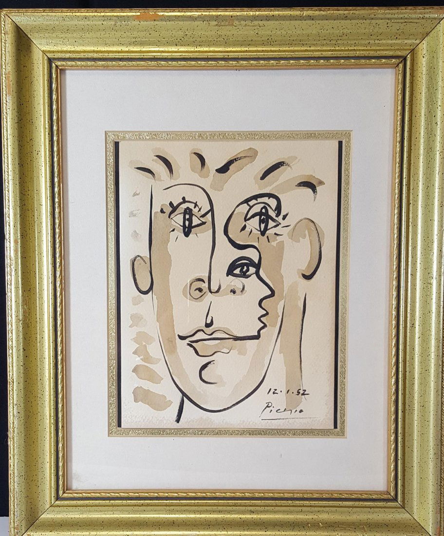 Pablo Picasso-(1881-1973)-Water Color on Paper-ATTRIB.: Pablo Picasso-(1881-1973)-Water Color on Paper-ATTRIB. COA-Size: 10.5"h x 7.5'w frame 17.5"h x 14.5"w shipping in US $ 99