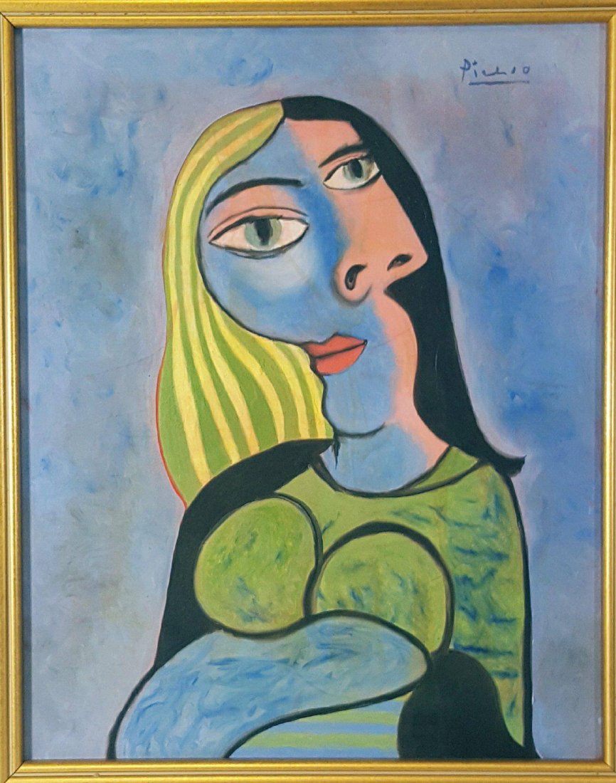 Pablo Picasso (1881-1973)-oil on canvasr- ATTRIB.: Pablo Picasso (1881-1973)-oil on canvasr- ATTRIB. COA-Size: 21"h X 17"w-With frame: 25.5"h X 21.5"w shipping in US $99
