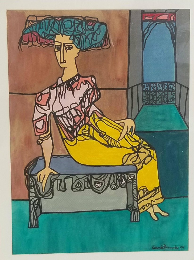 Cundo Bermudez (1914-2008)(Attrib-coa)Cuban Painter and: Cundo Bermudez (1914-2008)(Attrib-coa)Cuban Painter and Muralist, who created works in the Modernism style ,Water color on paper size:26"h x 29"w ,frame :35.5"h x 28"w shipping in US$199