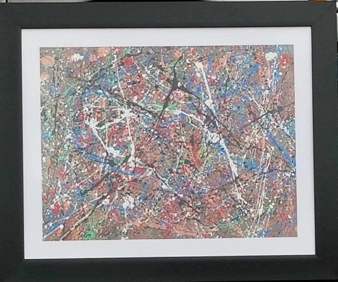 Jackson Pollock (1912-1956) House paint on hard cardbo: Jackson Pollock (1912-1956) House paint on hard cardboard (attrib )( coa) size:22"h x 28.5"w frame :31.5"h x 38"w shipping in US225