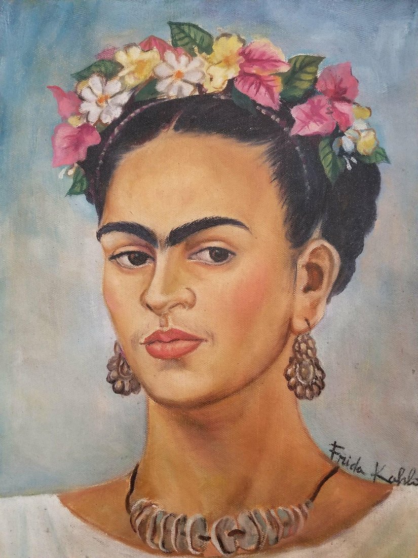Frida Kahlo (1907-1954)Oil on canvas ,was aMexican: Frida Kahlo (1907-1954)Oil on canvas ,was aMexican painter , who painted many self - portraits . Inspired by Mexican popular culture she employed a na¥ve folk art style to explore questons of idetity