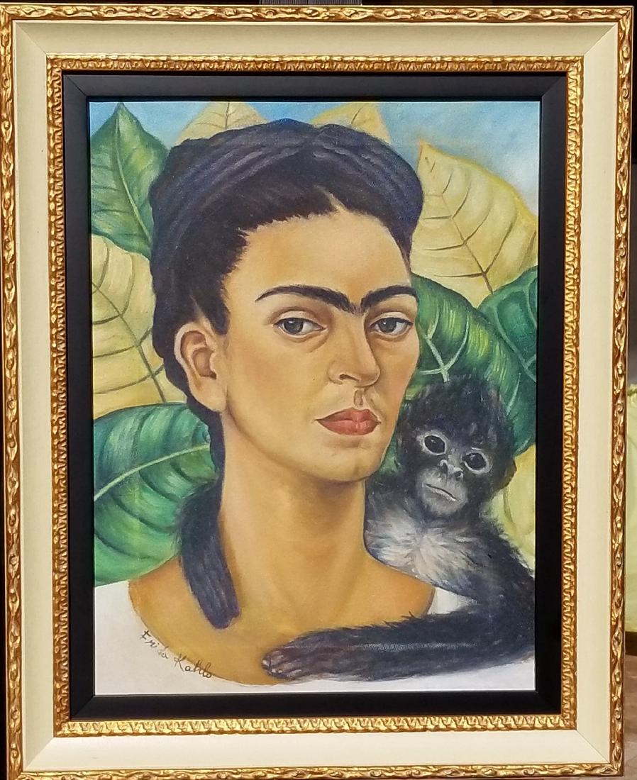 Frida Kahlo (1907-1954)Oil on canvas ,was aMexican: Frida Kahlo (1907-1954)Oil on canvas ,was aMexican painter , who painted many self - portraits . Inspired by Mexican popular culture she employed a na‚ve folk art style to explore questons of idetit