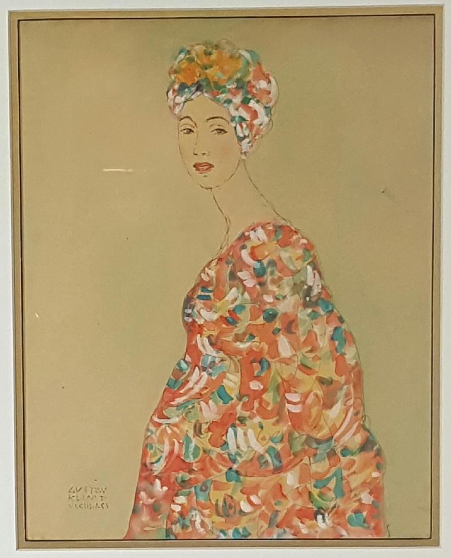 Gustav Klimt Nachlass (1862-1918)-(attrib)-Watercolor: Gustav Klimt Nachlass (1862-1918)-Watercolor on Paper-11"h X 8.5"w-With Frame: 19.5"h X 17.5"w-Shipping within the USA: $99.00