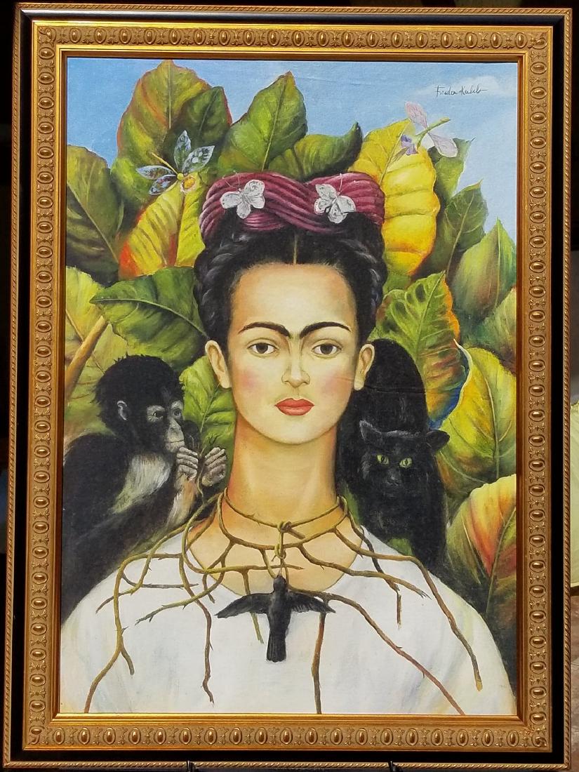 Frida Kahlo (1907-1954)Oil on canvas ,was aMexican: Frida Kahlo (1907-1954)Oil on canvas ,was aMexican painter , who painted many self - portraits . Inspired by Mexican popular culture she employed a na_ve folk art style to explore questons of idetity,