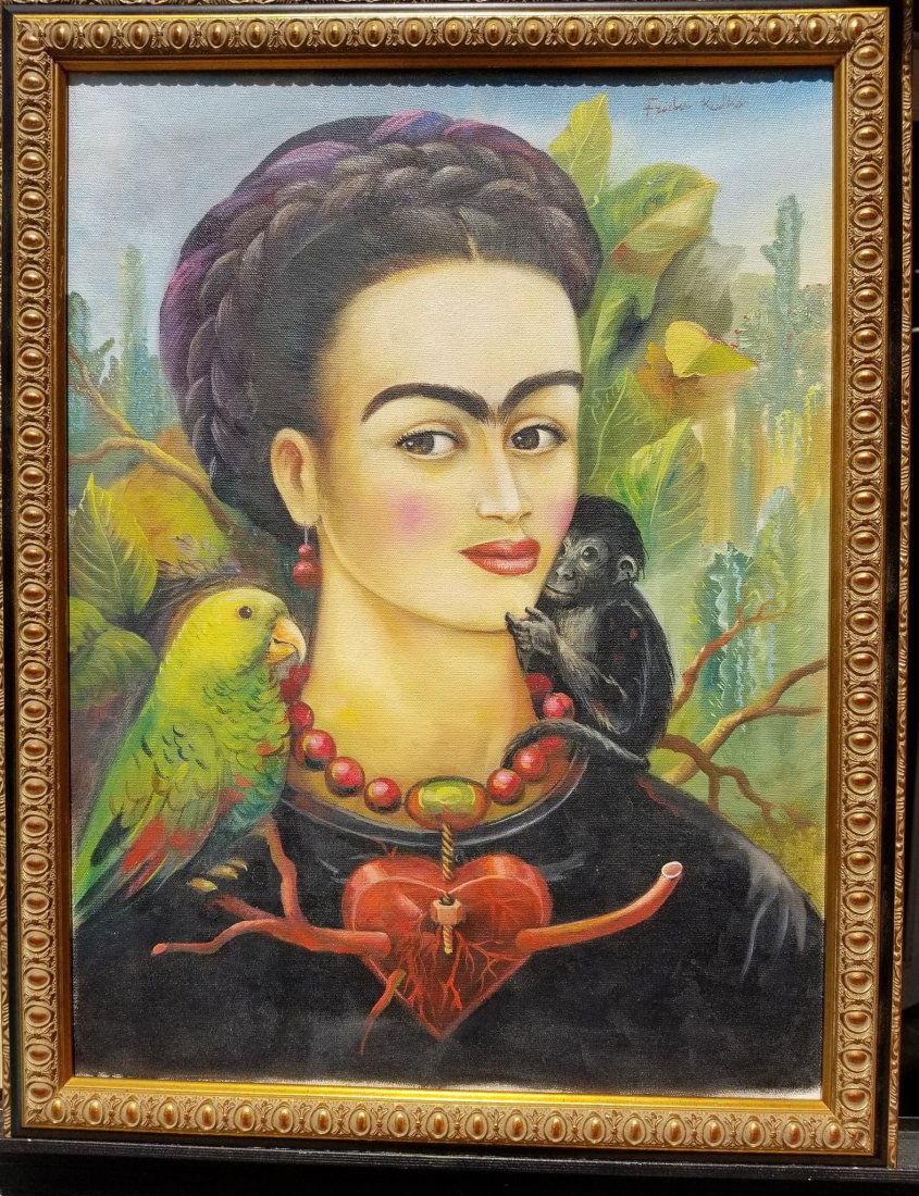 Frida Kahlo (1907-1954) ,was Mexica: Frida Kahlo (1907-1954) ,was a Mexican painter , who painted many self - portraits . Inspired by Mexican popular culture she employed a na_ve folk art style to explore questons of idetity, postcolonia