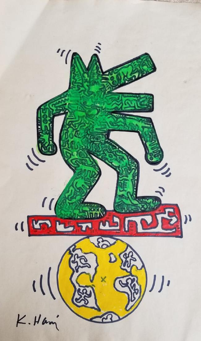 Keith Haring(1958-1990) Was the American artist whose: Keith Haring(1958-1990) Was the American artist whose pop art and graffiti-like work grew out of the New York City street culture of the 1980s.(Attrib - Coa) water color on paper14"h x 8.5"w frame shi