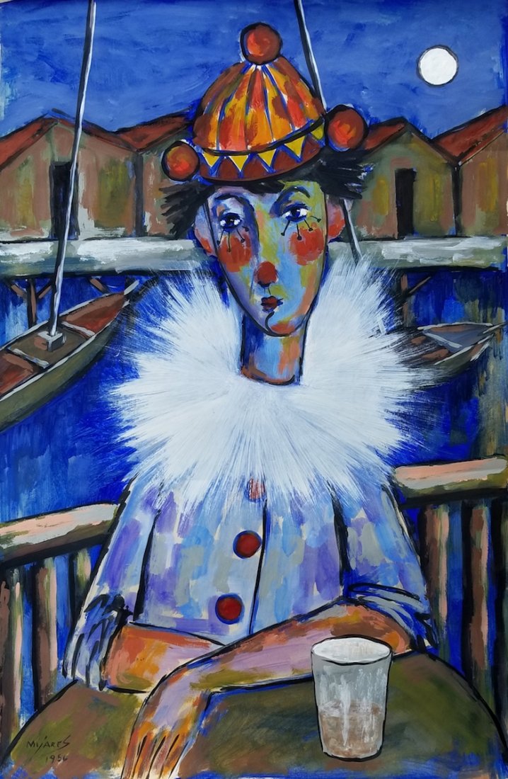 Jose Maria Mijares (1921-2004)-Water Color on Paper.: Jose Maria Mijares (1921-2004)-Water Color on Paper. "Clown" COA by the artist- Size: 36"h X 24"w- Comes With frame- Shipping in USA $199