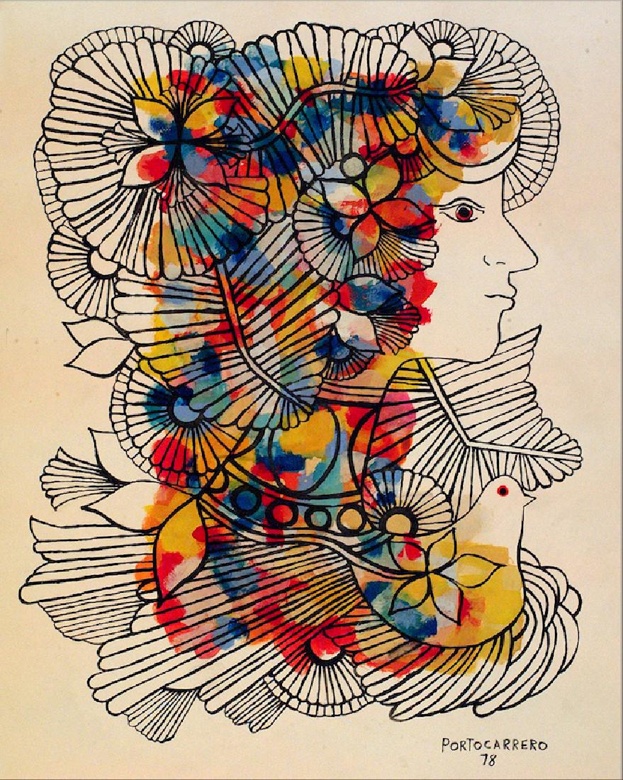 Original Rene Portocarrero (1912-1986) Cuban: Rene Portocarrero (1912-1986) Cuban Artist ( Certificated by Ramon Vazquez) water color ink on paper-"CABEZA ORNAMENTADA"- Portocarrero 78 - Size: 26"h x 20"w - Comes with frame - Shipping in US $199