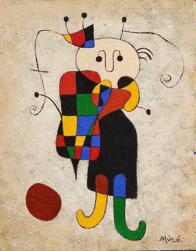 Consignment Joan Miro .(1893-1983)- Spanish Painter,: Consignment Joan Miro .(1893-1983)- Spanish Painter, sculptor ad ceramicist born in Barcelona. Oil on canvas. Stamp and seal of the Fundacio Joan Miro -Certificated of authenticity. Size: 20"h x 15.75